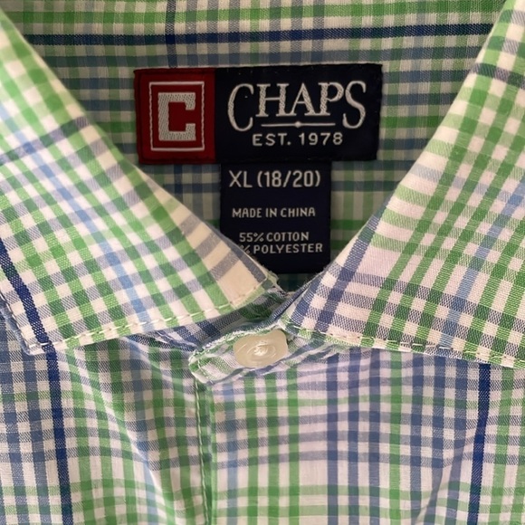 Chaps Youth Boys XL 18 20 Green Blue Plaid Button Down Dress Shirt Easy Care - Picture 2 of 7